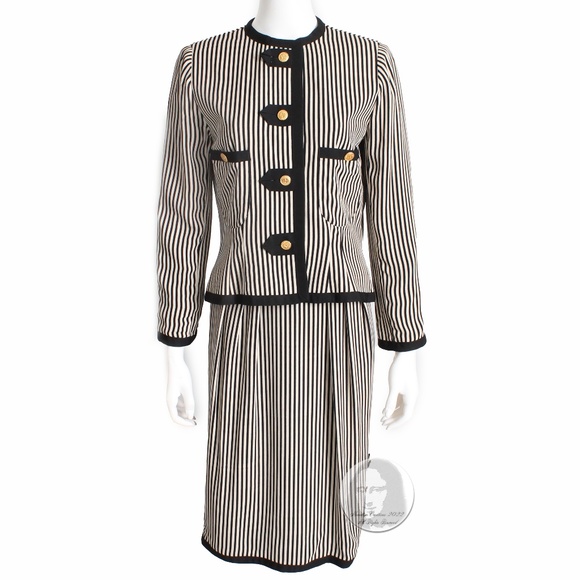 Albert Nipon Suit 2pc Jacket & Skirt Black White Striped Pinstripe Sz 10 Vintage - Picture 1 of 11